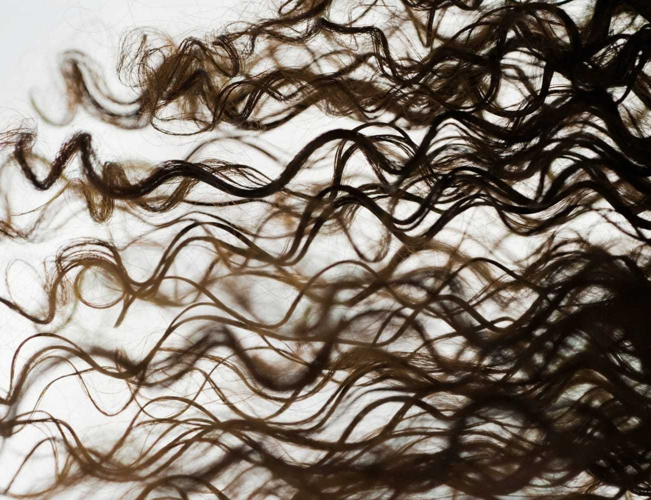 Curly brown hair strands flowing in different directions against a light background.